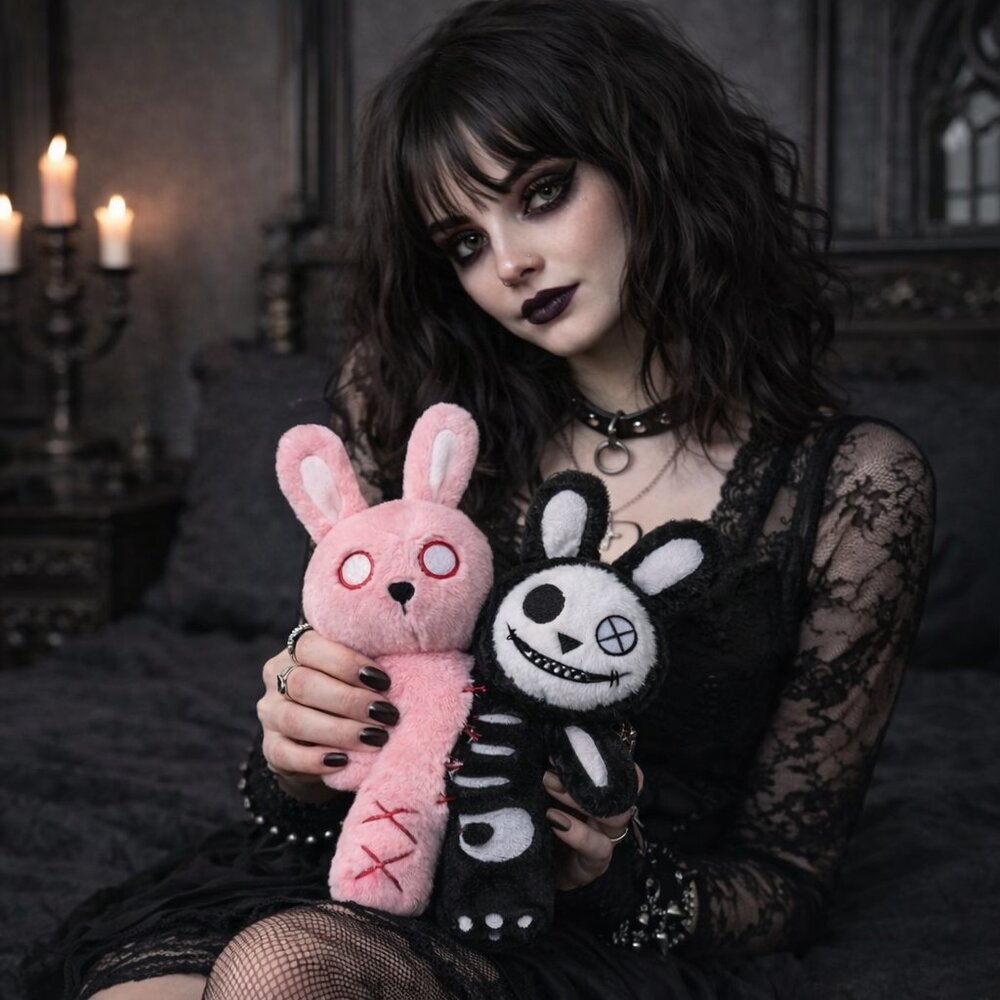 Gothic Split Bunny Plush – Pink & Black Creepy Cute Plush Decor (8”)
